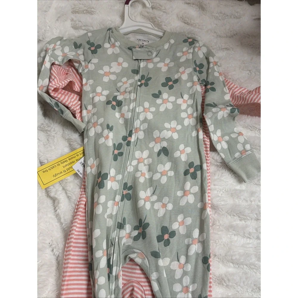 NWT Carter's Girls 2-Piece Cotton Long Sleeve Footed Zip One Piece Sleepers 3T